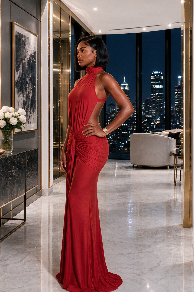 The Elena Halter Ruched Maxi Dress-Red Dress
