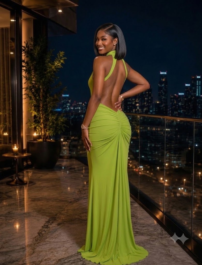 The Elena Halter Ruched Maxi Dress – Olive Green