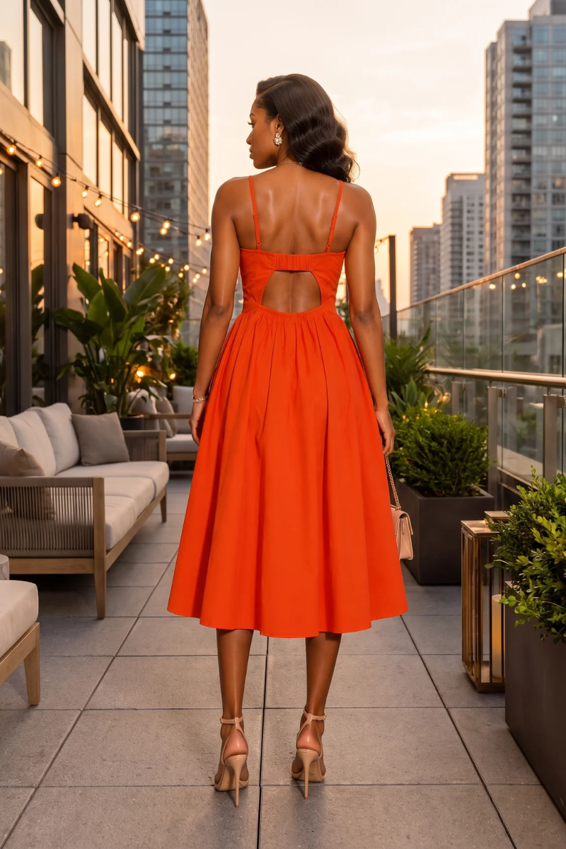 The Aurora Pleated Midi Dress – Vibrant Tangerine