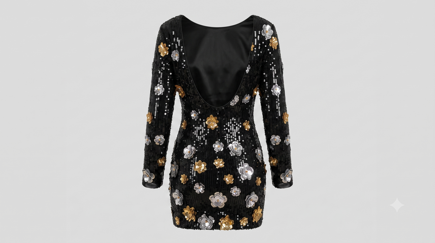 The Serena Floral Sequin Mini Dress – Midnight Gold