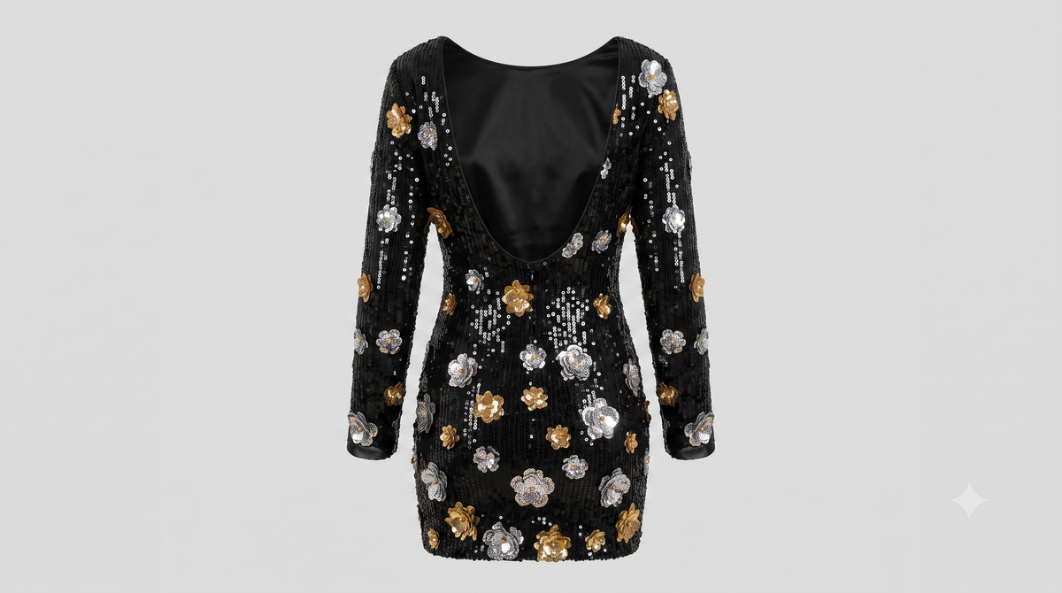 The Serena Floral Sequin Mini Dress – Midnight Gold