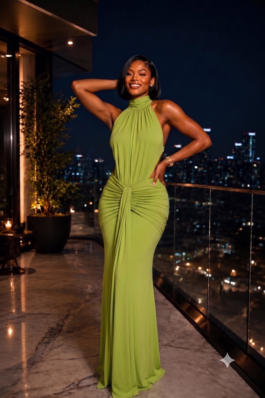 The Elena Halter Ruched Maxi Dress – Olive Green