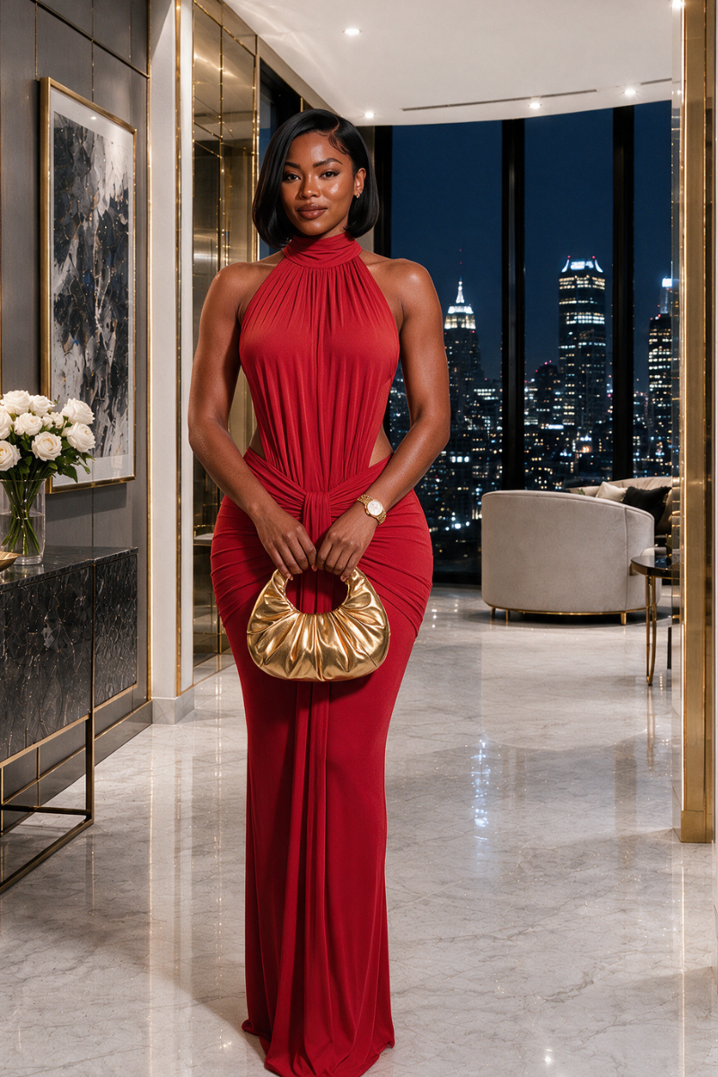 The Elena Halter Ruched Maxi Dress-Red Dress