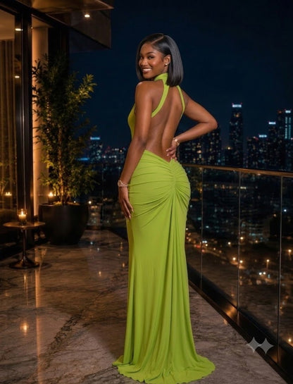 The Elena Halter Ruched Maxi Dress – Olive Green