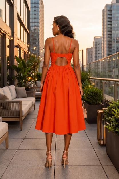 The Aurora Pleated Midi Dress – Vibrant Tangerine