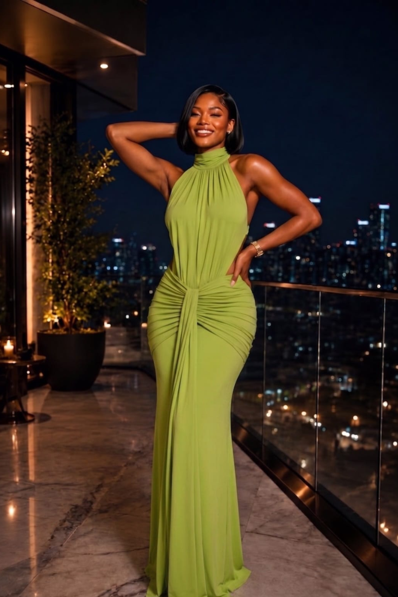 The Elena Halter Ruched Maxi Dress – Olive Green